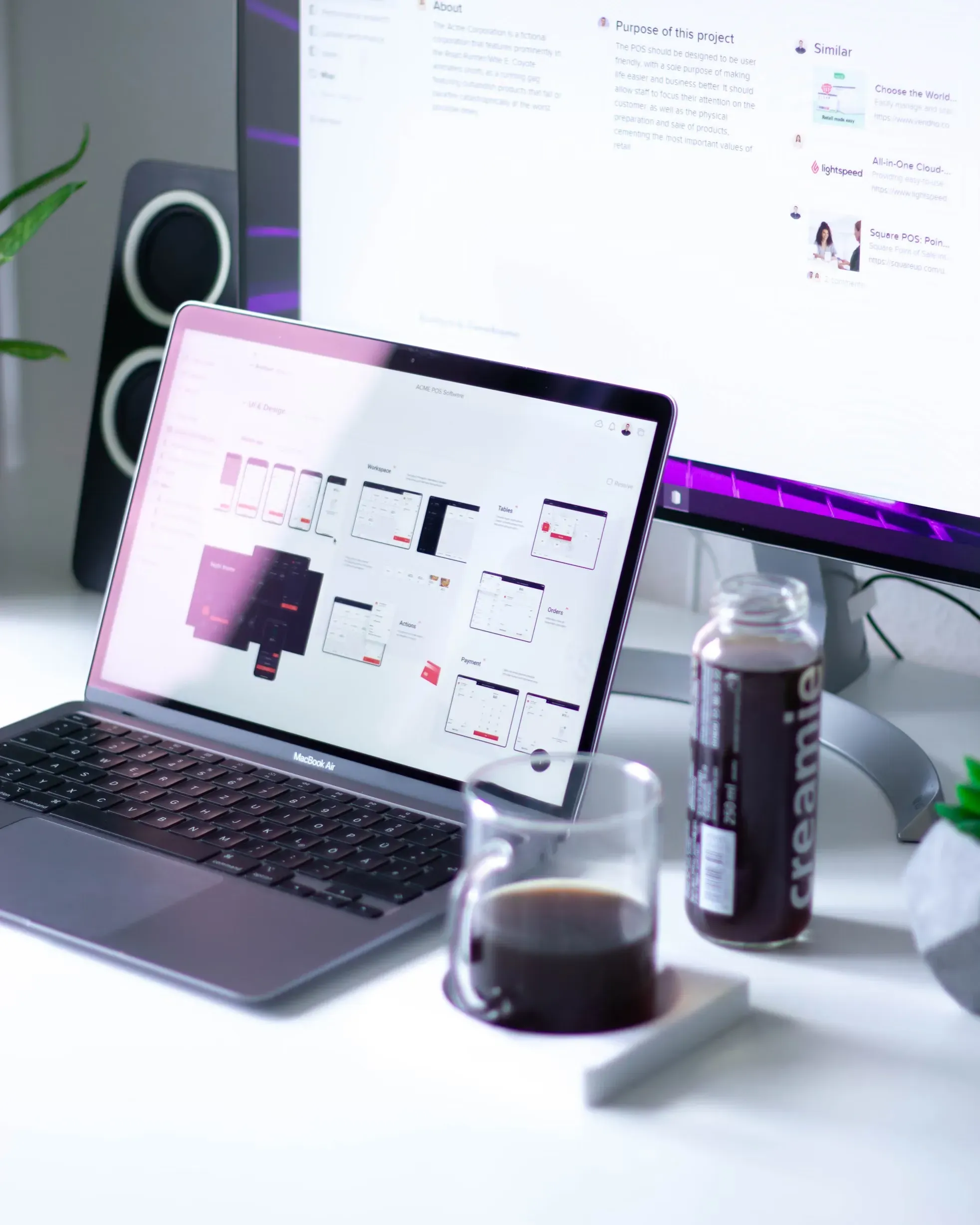 Developer desk with laptop and monitor